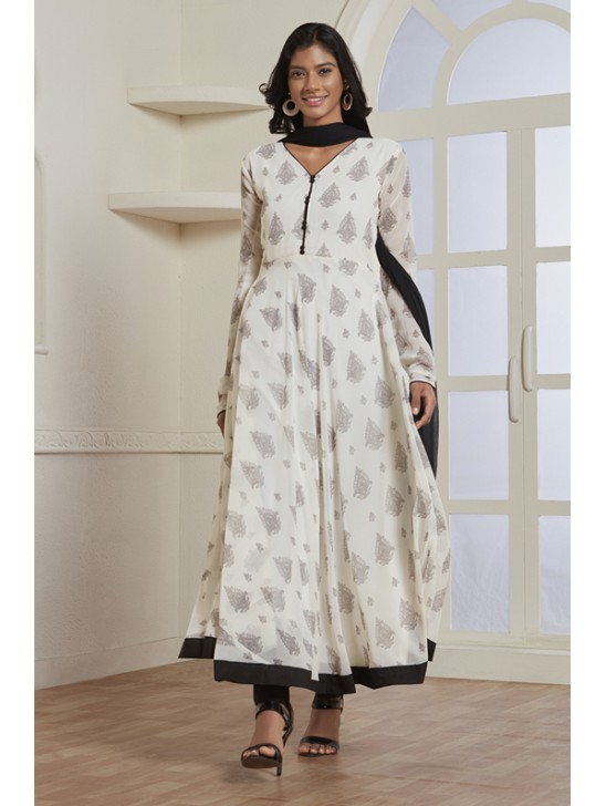 WHITE AND BLACK FLARED STYLE READY MADE INDIAN DRESS