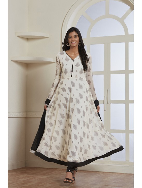 WHITE AND BLACK FLARED STYLE READY MADE INDIAN DRESS