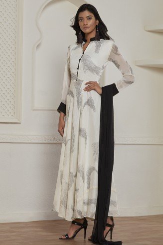 OFF WHITE PRINTED FLARED READY MADE WESTERN STYLE DRESS