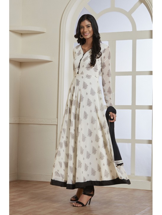 WHITE AND BLACK FLARED STYLE READY MADE INDIAN DRESS