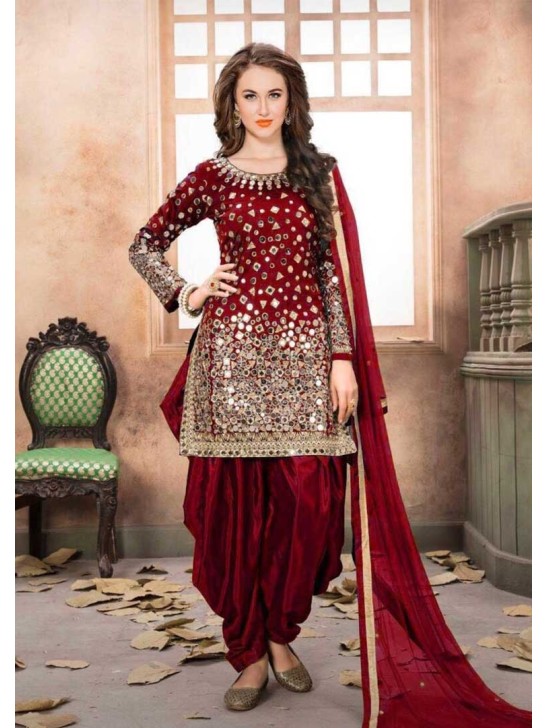 STUNNING TAPETA SILK MIRROR WORK PATIALA PUNJABI SUIT (SEMI STITCHED)