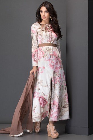 CREAM SOFT PASTEL FLOWER LONG LINE SLIT STYLE SUIT