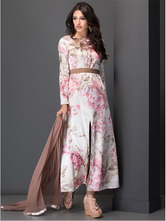 CREAM SOFT PASTEL FLOWER LONG LINE SLIT STYLE SUIT