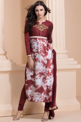 MAROON EMBROIDERED BODICE WITH PRINTED LOWER CHURIDAAR SUIT 