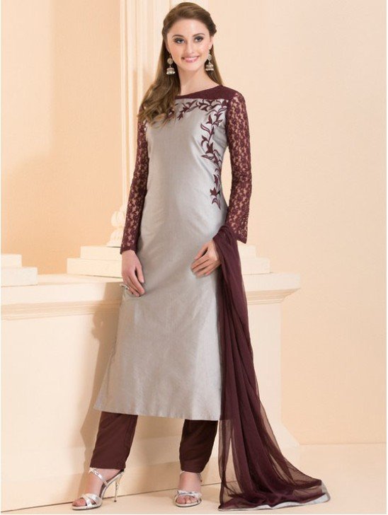 GREY AND PLUM CONTRAST SUIT WITH LACE SLEEVES AND THREAD WORK