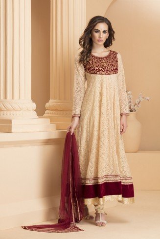 Cream Maroon Indian Designer Partywear Readymade Dress