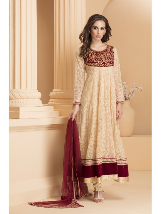 Cream Maroon Indian Designer Partywear Readymade Dress