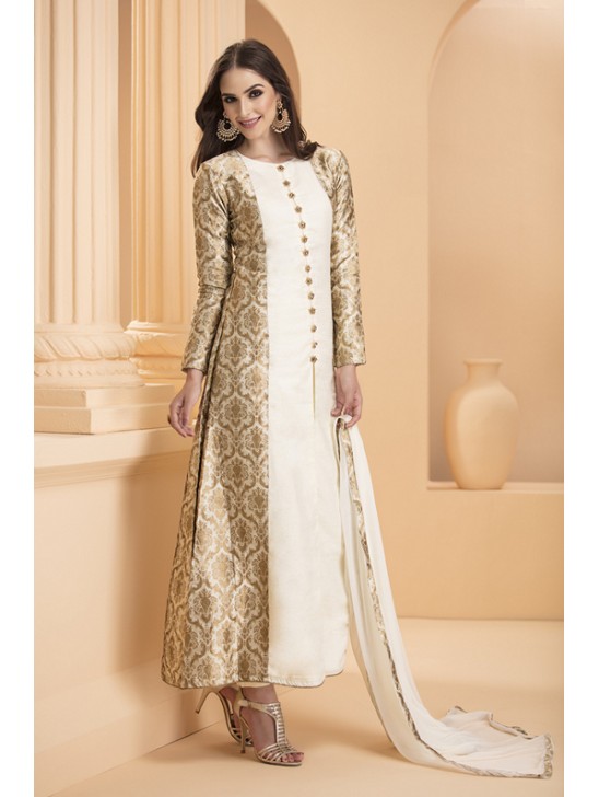 White & Gold Brocade Readymade Indian Dress