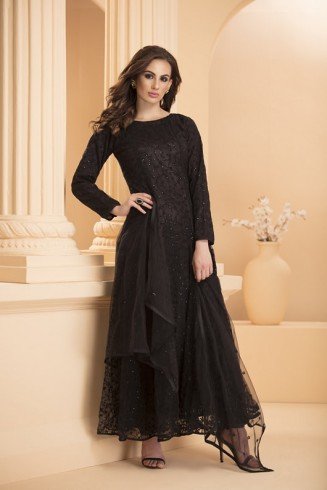Black Elegant Dress A Line Design Net Gown Readymade 