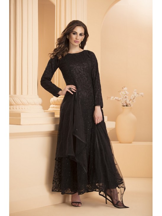 Black Elegant Dress A Line Design Net Gown Readymade