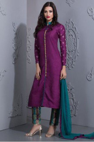 STYLISH PURPLE READYMADE SUIT WITH CONTRAST CAPRI TROUSERS