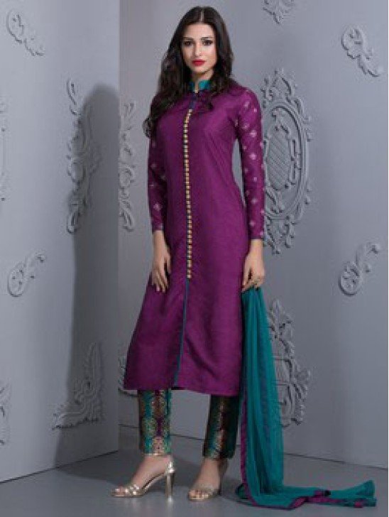 STYLISH PURPLE READYMADE SUIT WITH CONTRAST CAPRI TROUSERS