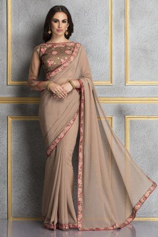 ZACS-60 BROWN GEORGETTE AND DUPION EMBROIDERED WEDDING WEAR SAREE