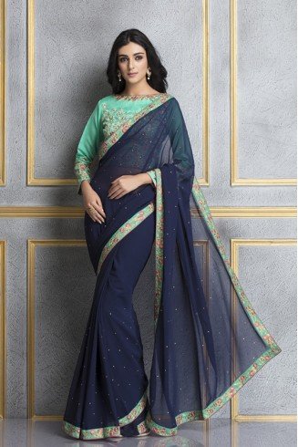 ACS-61 NAVY BLUE AND RAMA GEORGETTE AND DUPION EMBROIDERED PARTY WEAR SAREE