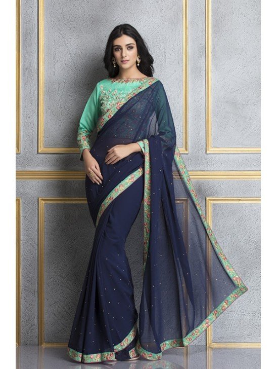 ACS-61 NAVY BLUE AND RAMA GEORGETTE AND DUPION EMBROIDERED PARTY WEAR SAREE