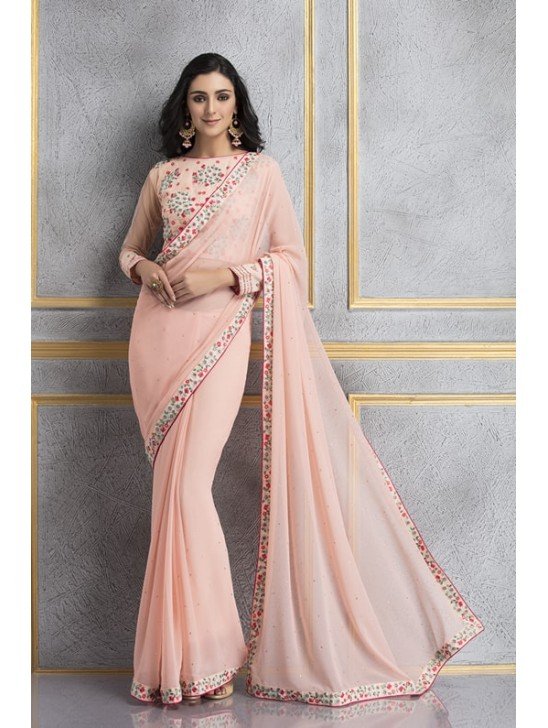 ACS-62 PEACH GEORGETTE AND NET EMBROIDERED PARTY WEAR SUIT