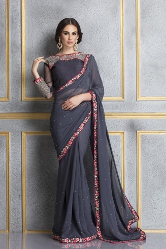 ZACS-63 GREY AND NAVY BLUE GEORGETTE EMBROIDERED SAREE