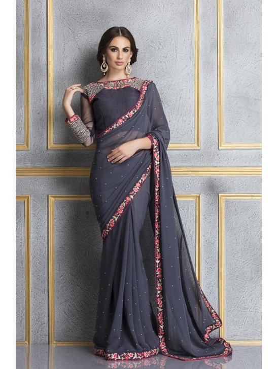 ZACS-63 GREY AND NAVY BLUE GEORGETTE EMBROIDERED SAREE