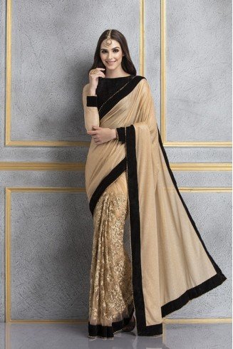ACS-65 CUBAN SAND AND BLACK GOLDEN PEARL LACE EMBROIDERED WEDDING SAREE