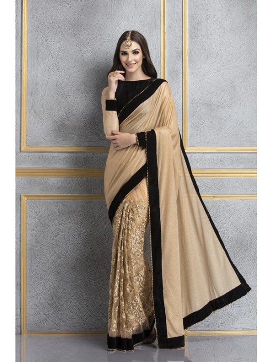 ACS-65 CUBAN SAND AND BLACK GOLDEN PEARL LACE EMBROIDERED WEDDING SAREE