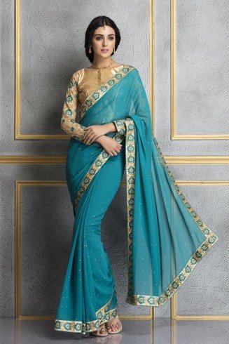 ZACS-66 TEAL BLUE GEORGETTE AND NET PARTY WEAR SAREE