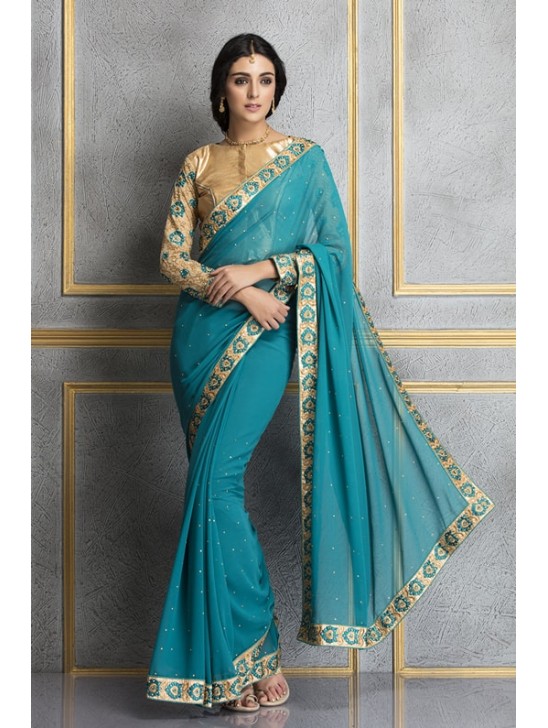 ZACS-66 TEAL BLUE GEORGETTE AND NET PARTY WEAR SAREE