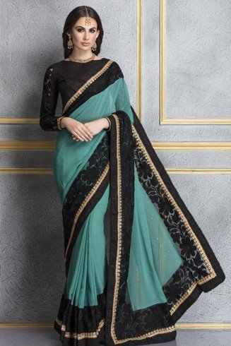ZACS-67 RAMA AND BLACK GEORGETTE AND LACE NET PARTY WEAR SAREE