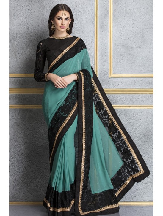 ZACS-67 RAMA AND BLACK GEORGETTE AND LACE NET PARTY WEAR SAREE