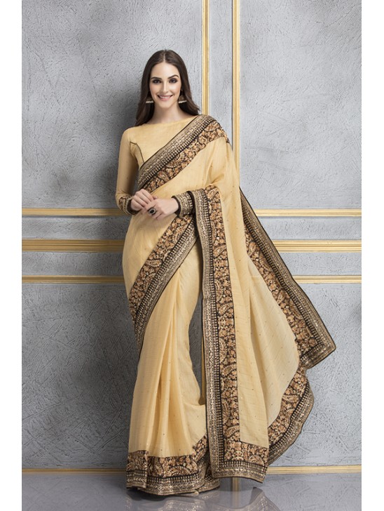 ZACS-68 BEIGE GEORGETTE ORNATE THREADWORK WEDDING WEAR SAREE