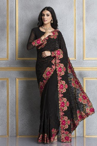 ZACS-69 BLACK GEORGETTE EMBROIDERED INDIAN PARTY WEAR SAREE