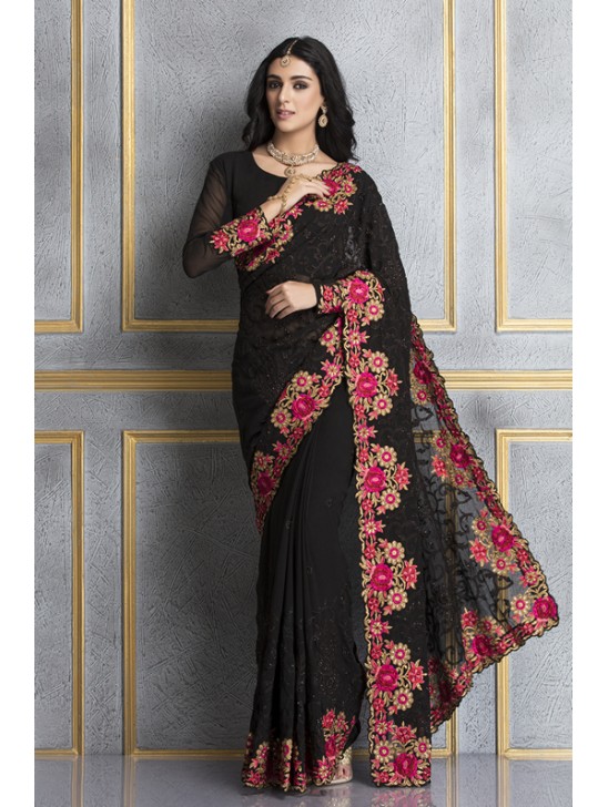 ZACS-69 BLACK GEORGETTE EMBROIDERED INDIAN PARTY WEAR SAREE