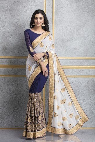 ZACS-70 WHITE AND NAVY GEORGETTE HEAVY MIRRORWORK WEDDING WEAR SAREE