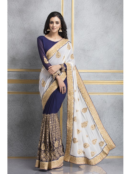 ZACS-70 WHITE AND NAVY GEORGETTE HEAVY MIRRORWORK WEDDING WEAR SAREE