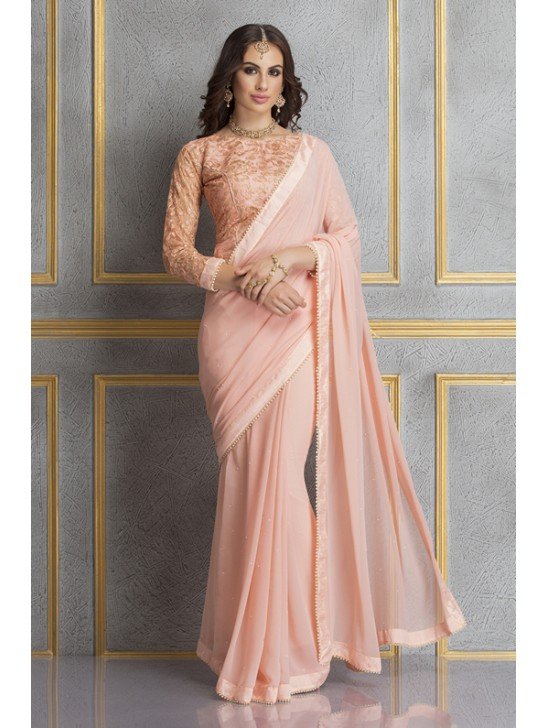 ZACS-71 PEACH GEORGETTE AND EMBROIDERED NET WEDDING WEAR SAREE