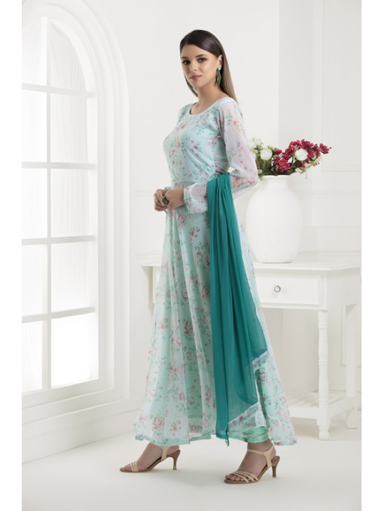 AQUA MARINE FLORAL PRINTED LONG ANARKALI READY MADE SUIT