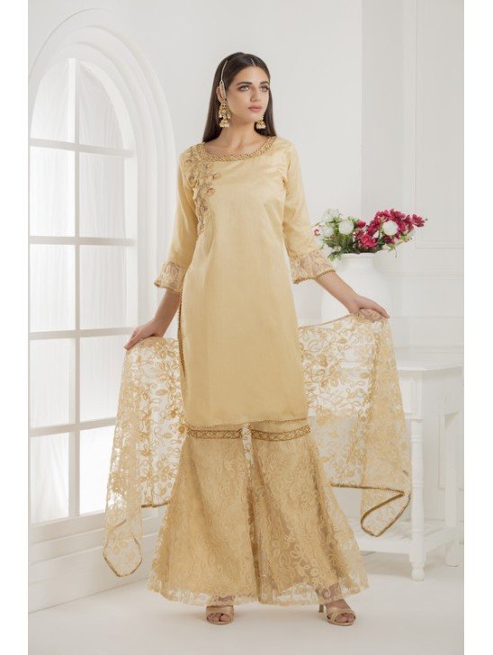 Beige Banglori Silk Readymade Gharara Suit