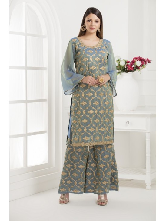 GREY EMBROIDERED SHARARA STYLE DRESS