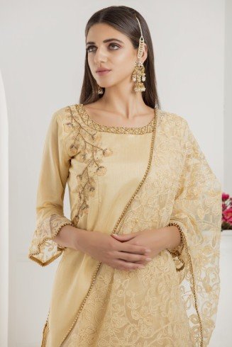 Gold Silk Dress Sharara Suit Lace Outfit