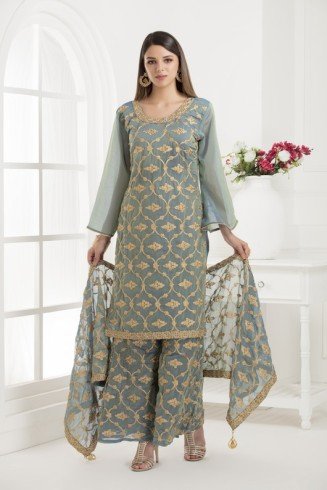 GREY EMBROIDERED SHARARA STYLE DRESS