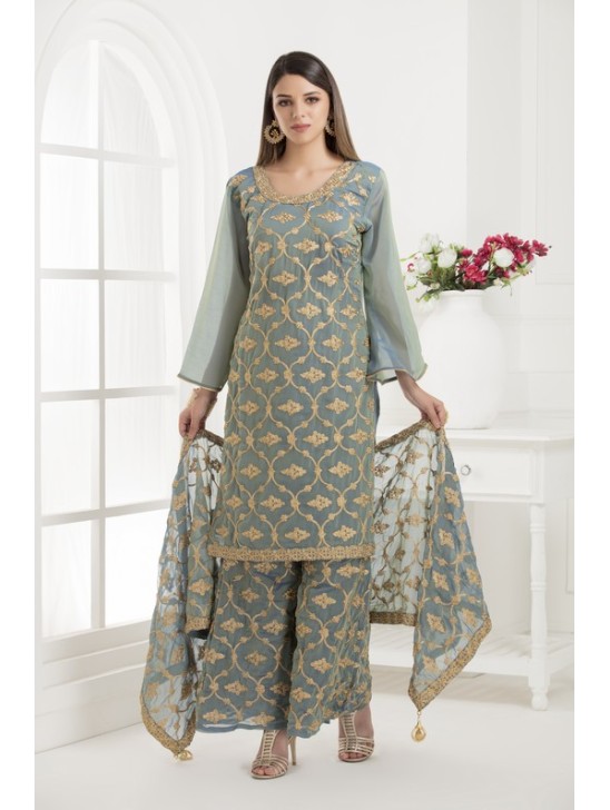 GREY EMBROIDERED SHARARA STYLE DRESS