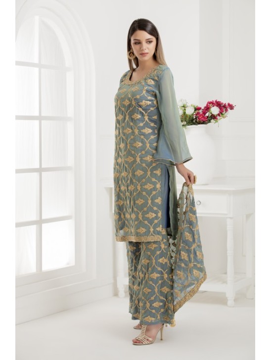 GREY EMBROIDERED SHARARA STYLE DRESS