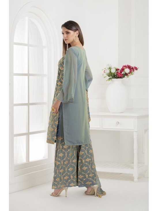 GREY EMBROIDERED SHARARA STYLE DRESS