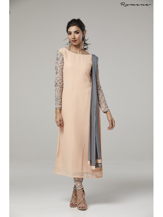 PRETTY PEACH EMBROIDERED SLEEVES STYLISH CHURIDAR SUIT