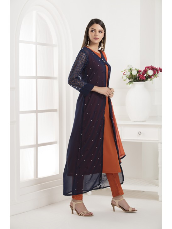 NAVY BLUE FRONT SLIT JACKET STYLE GEORGETTE READY MADE SUIT