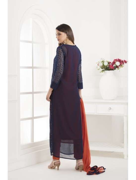 NAVY BLUE FRONT SLIT JACKET STYLE GEORGETTE READY MADE SUIT