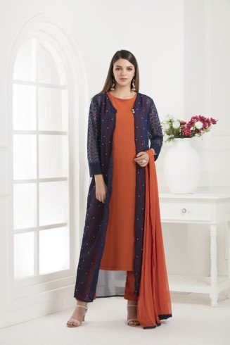 NAVY BLUE FRONT SLIT JACKET STYLE GEORGETTE READY MADE SUIT 