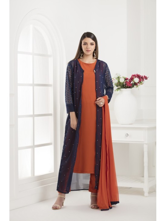 NAVY BLUE FRONT SLIT JACKET STYLE GEORGETTE READY MADE SUIT