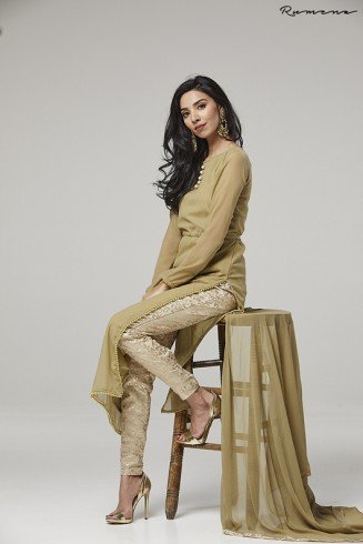 BEIGE STRAIGHT SHIRT AND BROCADE TROUSER READY TO WEAR EID SUIT 