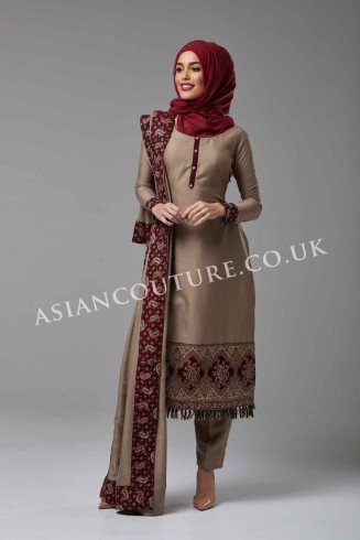 ZAC-809 BROWN WINTER WEAR CREPE SILK READY MADE OUTFIT