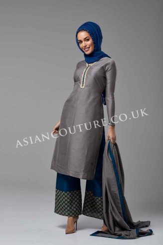 SLEET GREY AND BLUE WINTER WEAR READYMADE PALAZZO SUIT